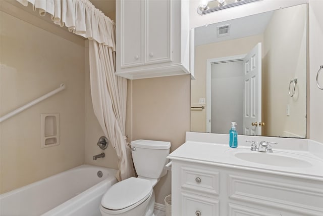 full bathroom with vanity, toilet, and shower / bathtub combination with curtain