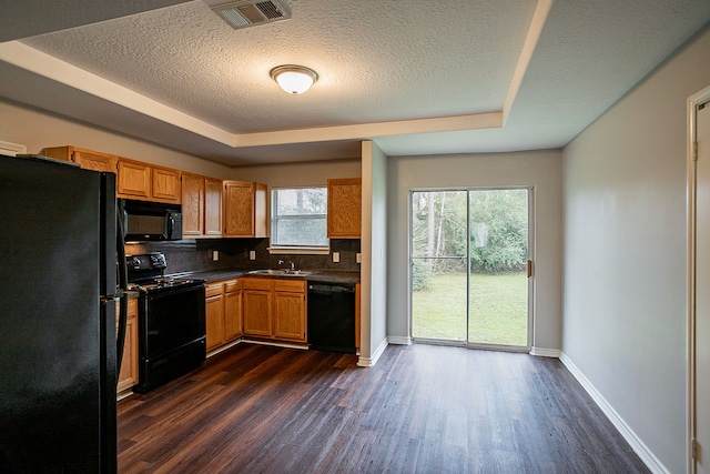 kitchen with a tray ceiling, dark wood-type flooring, black appliances, and a healthy amount of sunlight