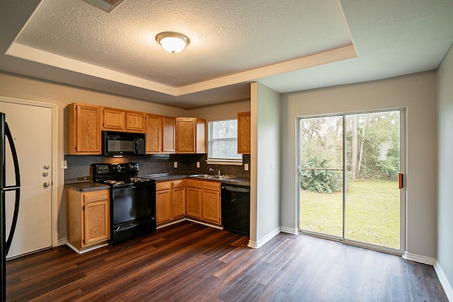 kitchen with dark hardwood / wood-style flooring, sink, a tray ceiling, and black appliances