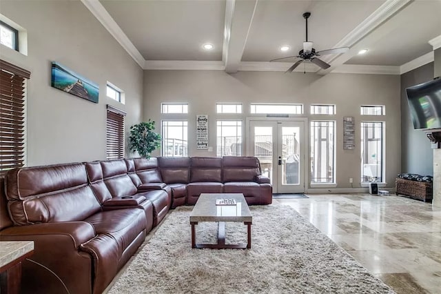 living room featuring beamed ceiling, ceiling fan, crown molding, and french doors