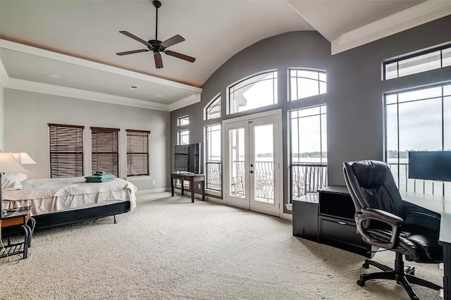 bedroom with light carpet, french doors, vaulted ceiling, ceiling fan, and access to exterior