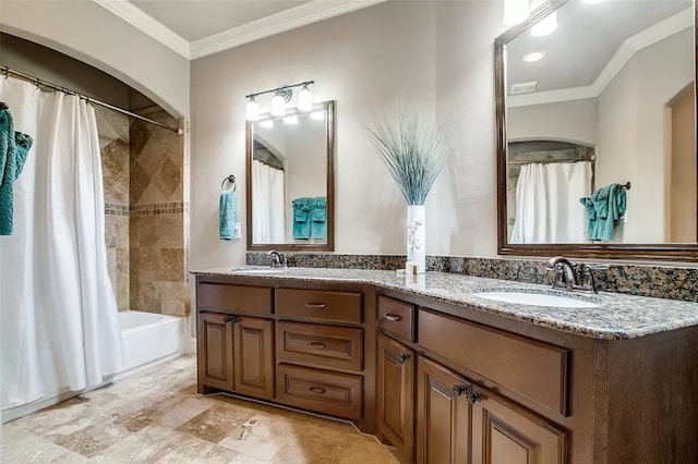 bathroom featuring shower / bath combo, vanity, and crown molding