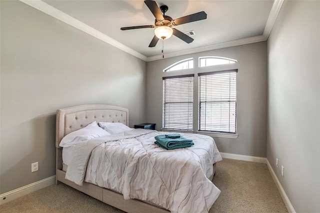 bedroom with ceiling fan, light colored carpet, and ornamental molding