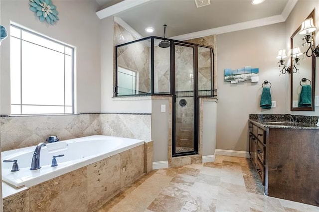 bathroom with vanity, separate shower and tub, and crown molding