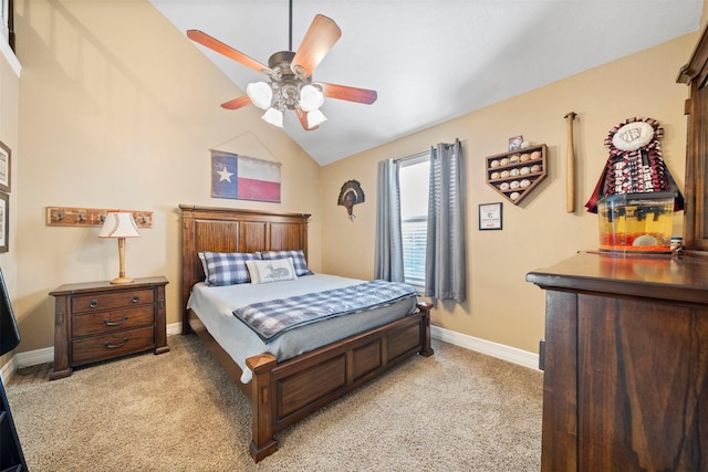 carpeted bedroom with lofted ceiling and ceiling fan