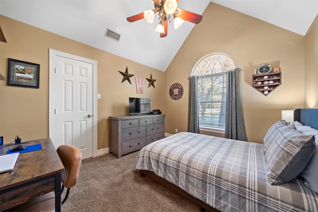 carpeted bedroom featuring lofted ceiling and ceiling fan