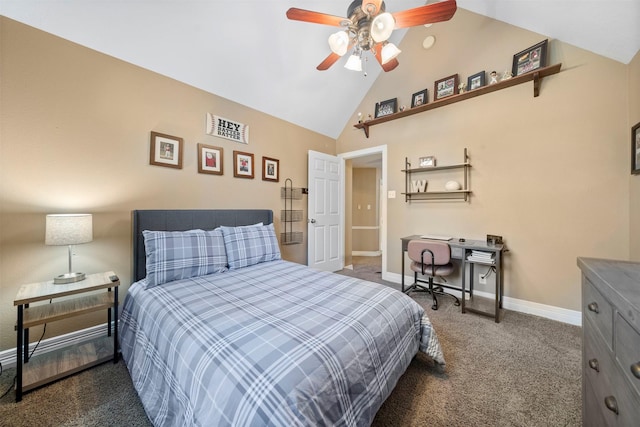 carpeted bedroom featuring high vaulted ceiling and ceiling fan