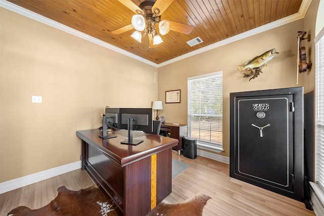 home office with crown molding, light hardwood / wood-style flooring, and wooden ceiling