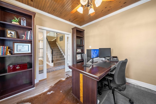 office area with hardwood / wood-style floors, wood ceiling, ornamental molding, and ceiling fan