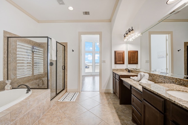 bathroom with separate shower and tub, crown molding, and tile patterned floors