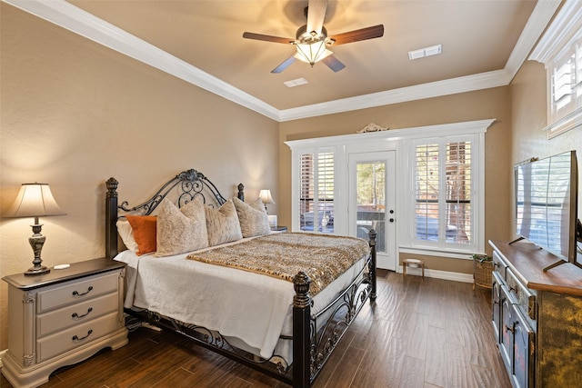 bedroom featuring ceiling fan, dark hardwood / wood-style floors, access to exterior, and crown molding