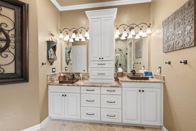 bathroom featuring vanity, an enclosed shower, and ornamental molding