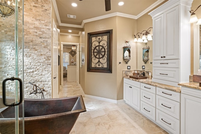 bathroom with vanity, ceiling fan, crown molding, and plus walk in shower