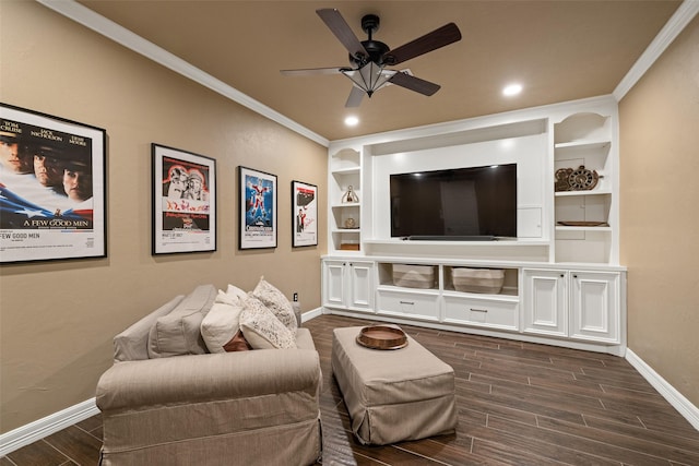 living room featuring ceiling fan and ornamental molding