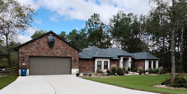 view of front of home featuring a garage and a front lawn