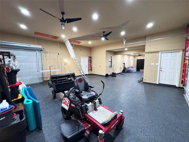 exercise room with ceiling fan