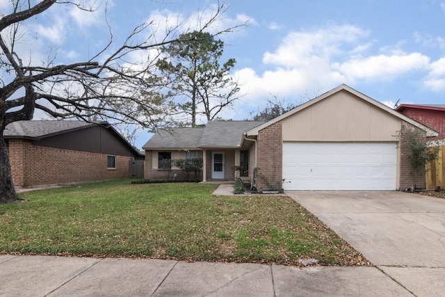 single story home featuring a front yard and a garage