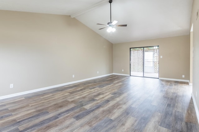 empty room featuring hardwood / wood-style floors, vaulted ceiling with beams, and ceiling fan