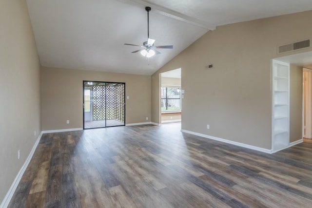 unfurnished room with high vaulted ceiling, dark hardwood / wood-style floors, beam ceiling, and ceiling fan