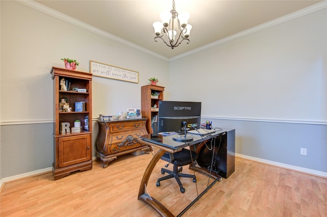 office area featuring ornamental molding, light hardwood / wood-style flooring, and an inviting chandelier