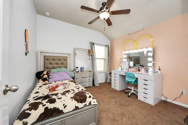 bedroom featuring ceiling fan, light colored carpet, and lofted ceiling