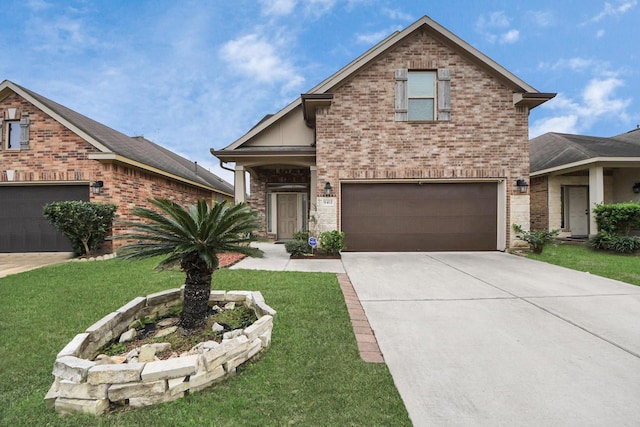 front facade with a garage and a front yard