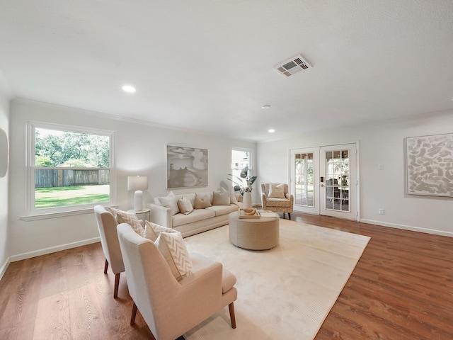 living room featuring french doors, a healthy amount of sunlight, and wood-type flooring