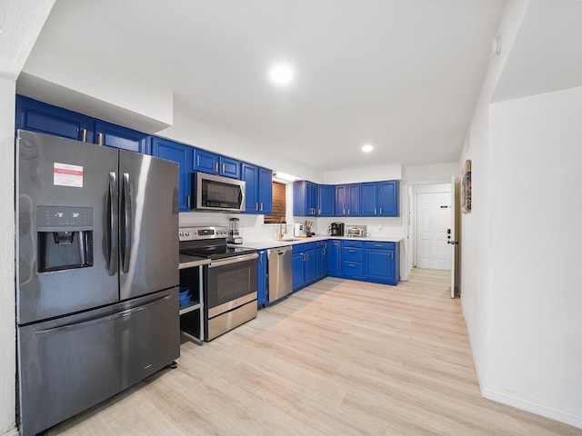 kitchen with stainless steel appliances, light wood-type flooring, and blue cabinets