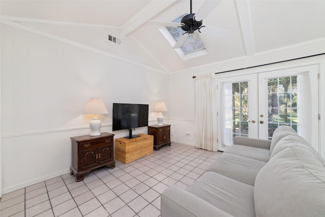 living room featuring french doors, vaulted ceiling with beams, ceiling fan, and light tile patterned flooring