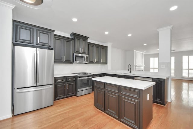 kitchen with crown molding, sink, light hardwood / wood-style floors, kitchen peninsula, and stainless steel appliances