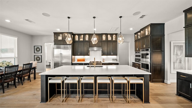 kitchen featuring a center island with sink, a kitchen breakfast bar, sink, light hardwood / wood-style flooring, and appliances with stainless steel finishes