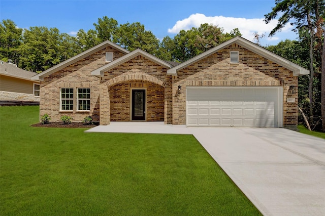 single story home with concrete driveway, brick siding, a front lawn, and an attached garage