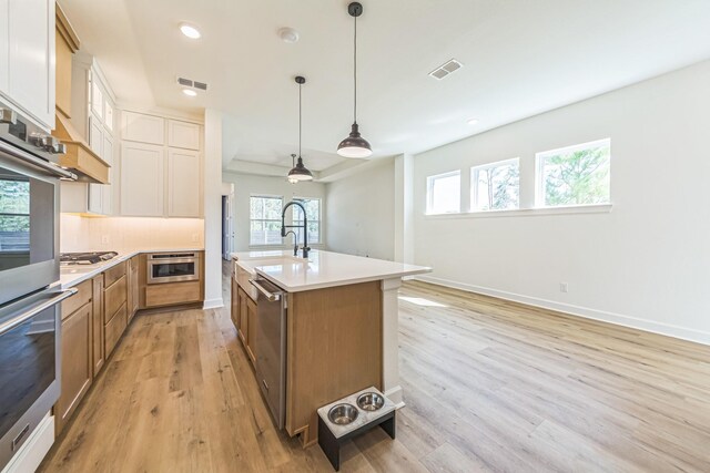 kitchen featuring appliances with stainless steel finishes, sink, white cabinetry, decorative light fixtures, and a kitchen island with sink