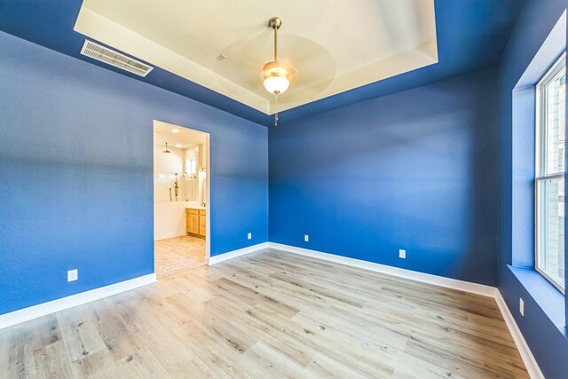 empty room with a raised ceiling and light hardwood / wood-style floors