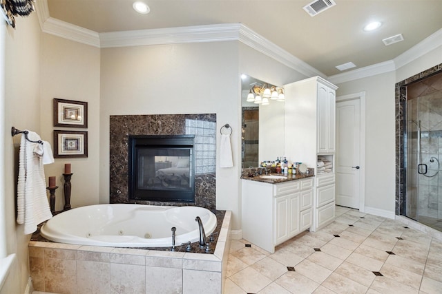 bathroom featuring shower with separate bathtub, a multi sided fireplace, tile patterned floors, vanity, and crown molding