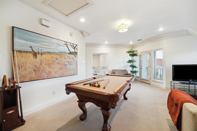 rec room with pool table, light carpet, and crown molding