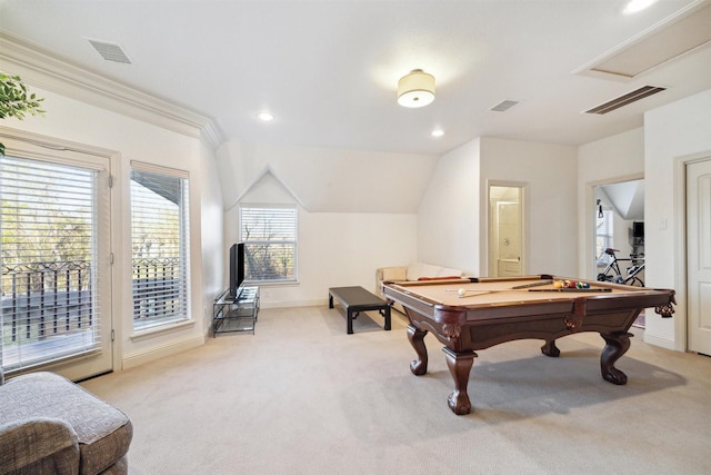 recreation room featuring ornamental molding, billiards, light carpet, and lofted ceiling