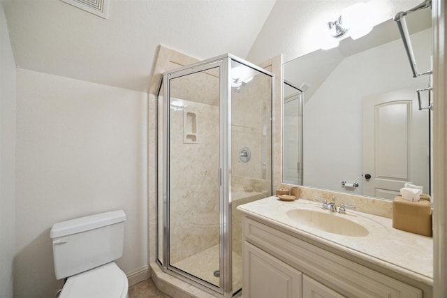 bathroom with lofted ceiling, vanity, toilet, and walk in shower