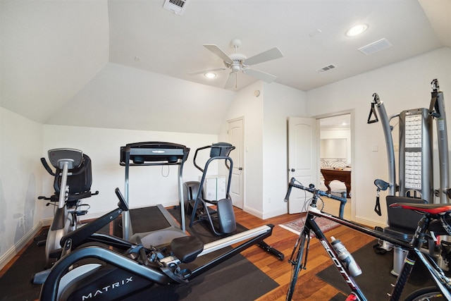 exercise room featuring lofted ceiling, wood-type flooring, and ceiling fan