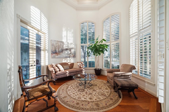 living area with crown molding, a wealth of natural light, and wood-type flooring