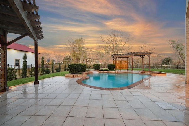 pool at dusk featuring a patio, an in ground hot tub, and a pergola