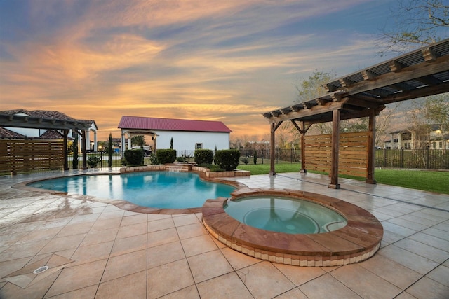 pool at dusk with a gazebo, a patio area, an in ground hot tub, and a pergola