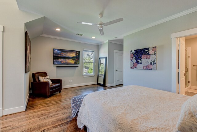 bedroom with baseboards, visible vents, ornamental molding, wood finished floors, and recessed lighting