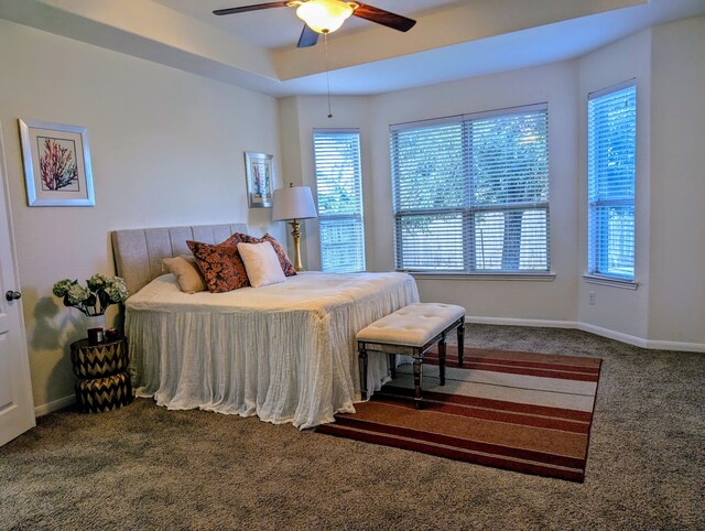 bedroom with dark carpet, a raised ceiling, and ceiling fan