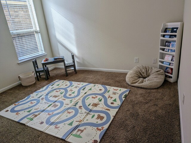 interior space featuring plenty of natural light and dark carpet