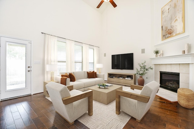 living room featuring a fireplace, high vaulted ceiling, a healthy amount of sunlight, and wood-type flooring