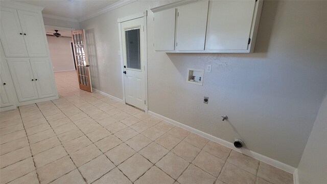 clothes washing area with washer hookup, cabinets, electric dryer hookup, gas dryer hookup, and ornamental molding