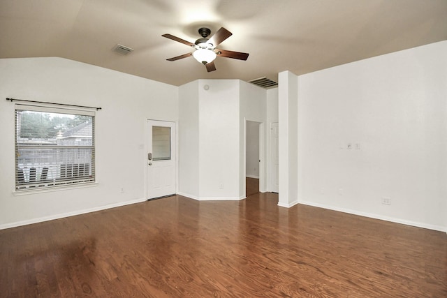 spare room with ceiling fan, dark hardwood / wood-style flooring, and lofted ceiling