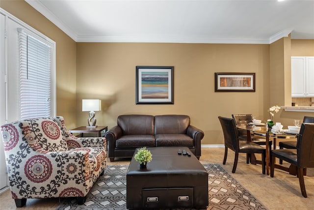 living room with ornamental molding