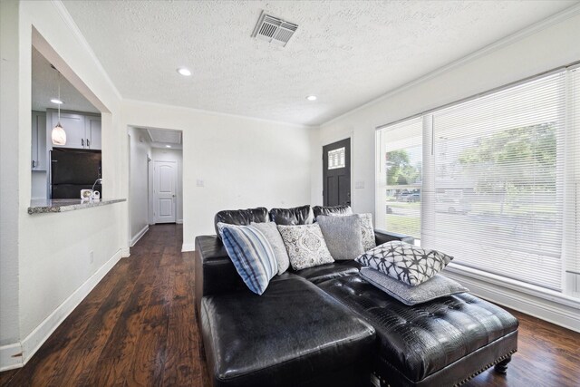 living room with dark hardwood / wood-style floors, a textured ceiling, and ornamental molding